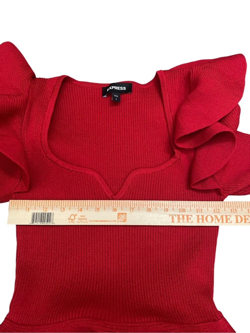 Express Red Ribbed Knit Statement Ruffle Peplum Long-Sleeve Sweater - Picture 6 of 8